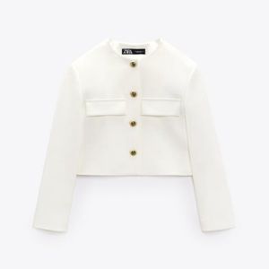 ZARA WHITE CROPPED BLAZER WITH GOLD BUTTONS